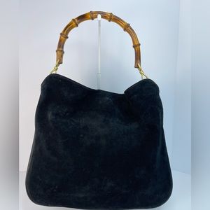 Gucci Suede Leather Bamboo Bag Black Zipper Closure